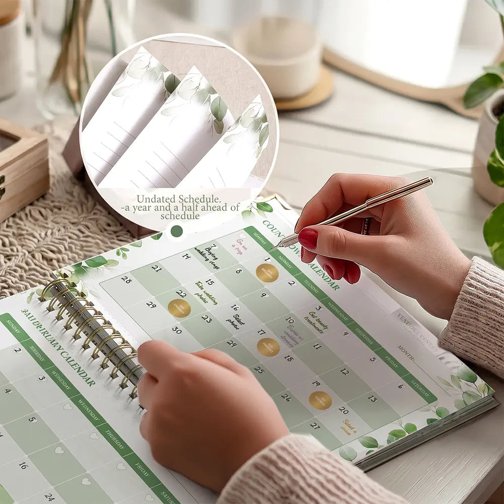 An open page of the Molekaus personalized wedding planner, showing a beautifully handwritten calendar timeline and countdown schedule to keep wedding tasks perfectly organized.
