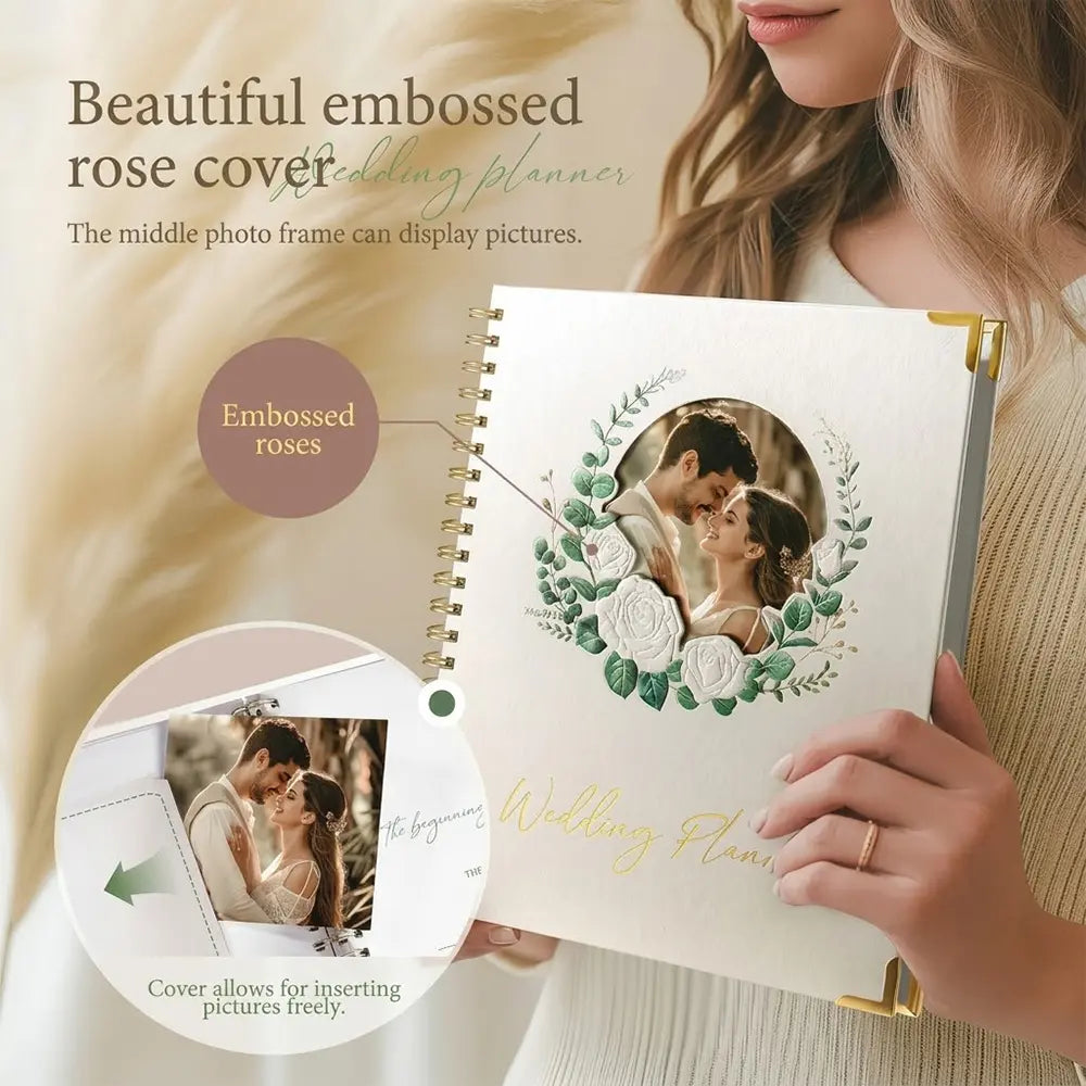 Close-up of the Molekaus spiral-bound wedding planner interior, showing organized section tabs for inspiration, guests, budget, and vendors.