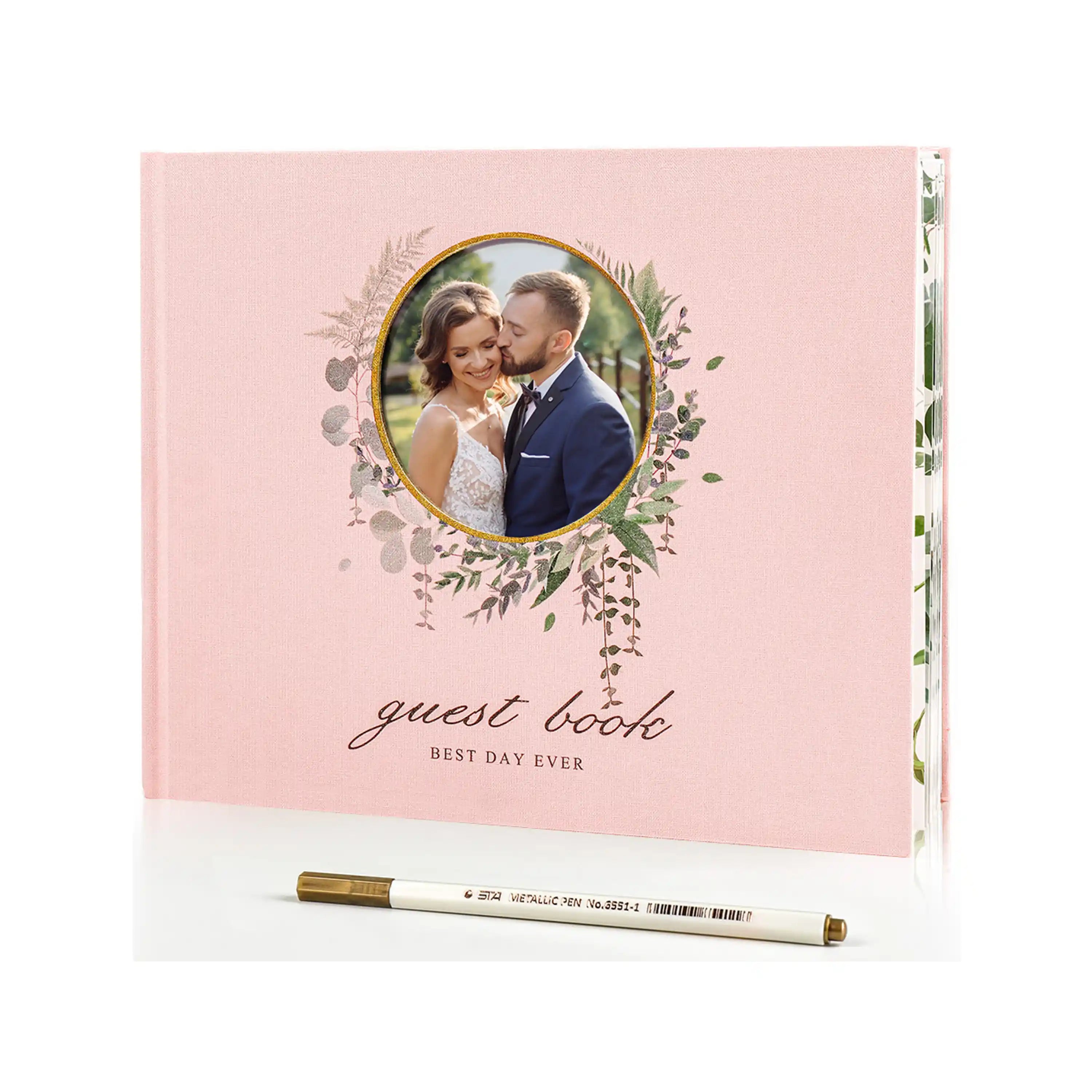 Molekaus premium pink wedding guest book with a customizable photo cover, ideal for capturing heartfelt reception memories.