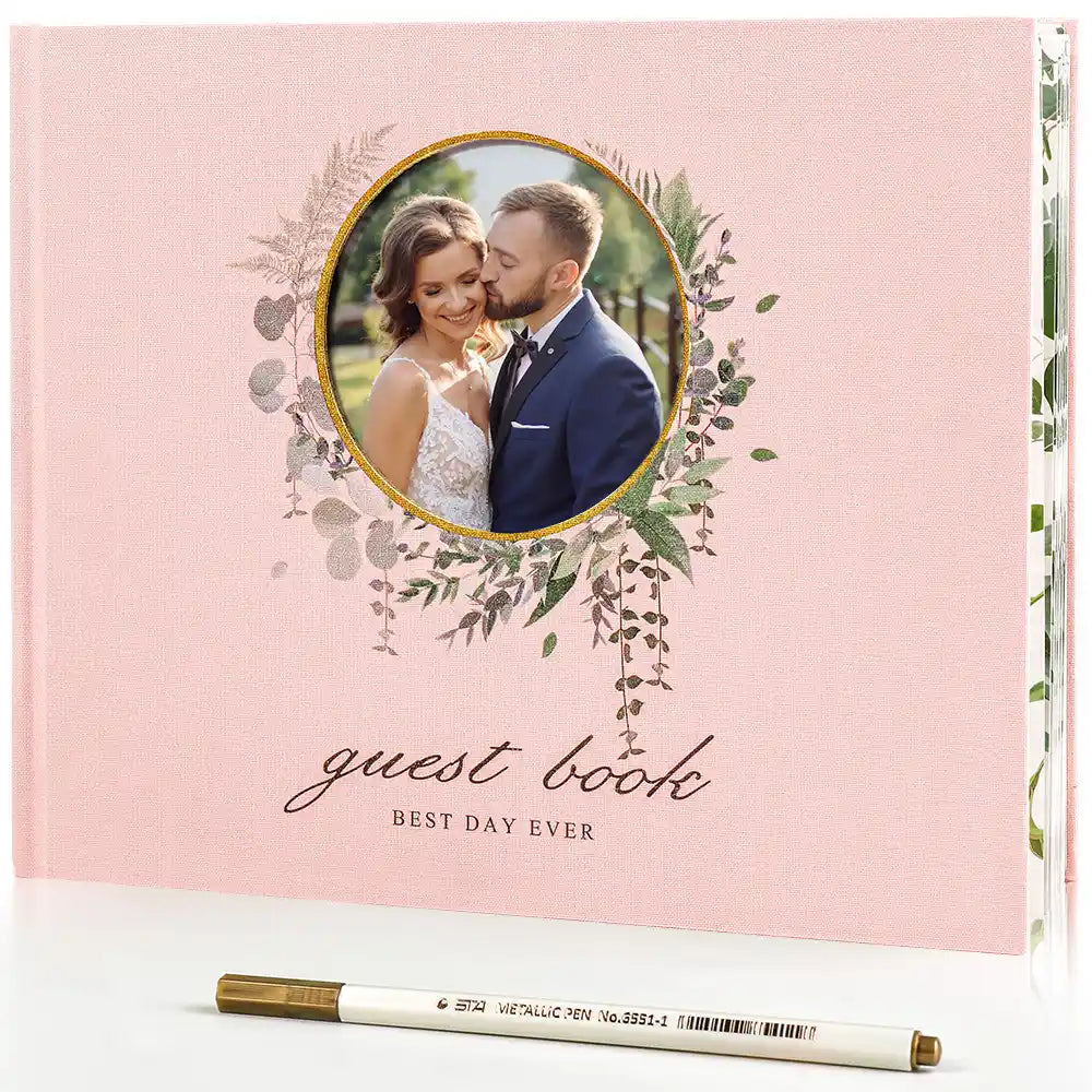 Molekaus romantic pink linen hardcover wedding sign-in book. Includes 150gsm thick paper, a metallic pen, and photo corners, making it a unique personalized bridal gift.