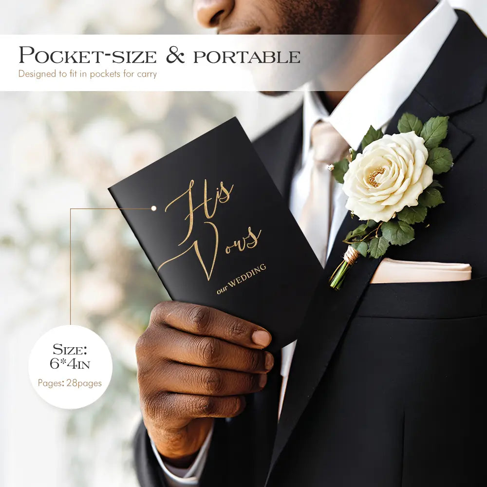 A close-up of a groom in a black suit holding the portable Molekaus black 'His Vows' book, showcasing its compact 6 by 4 inch pocket-size design perfectly crafted to fit into a jacket pocket for the wedding ceremony.