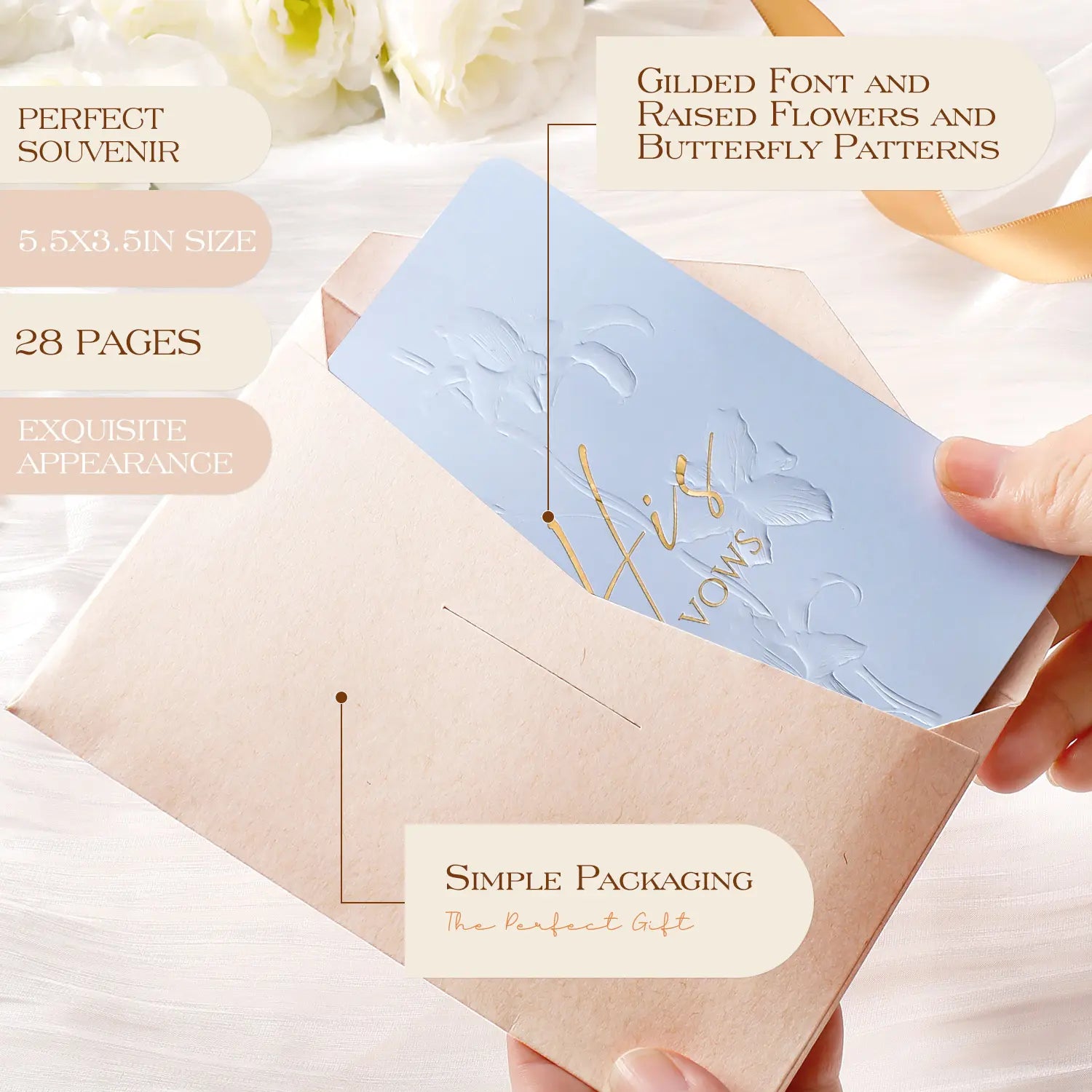 A close-up view of the 5.5 by 3.5 inch Molekaus light blue 'His Vows' booklet, featuring raised floral patterns, being slid into a minimalist kraft envelope for an elegant gift presentation.