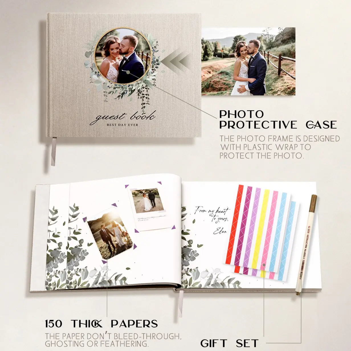Molekaus all-in-one polaroid guest book bundle, featuring a premium signing pen and instructional table card.