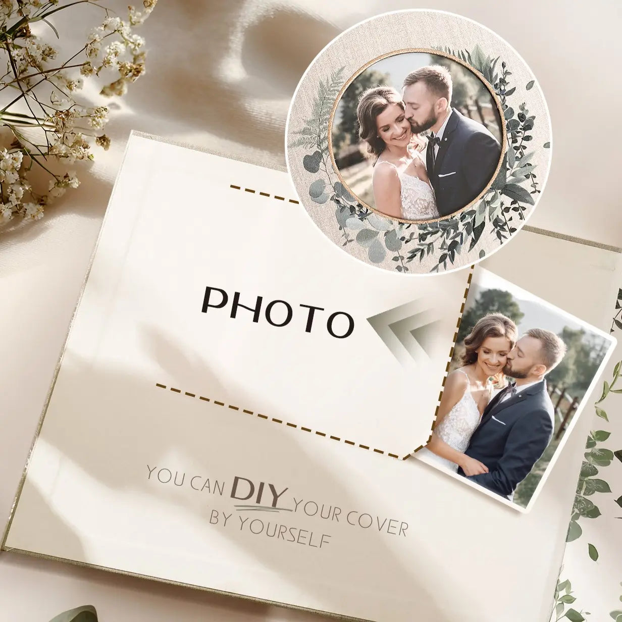 Molekaus wedding scrapbook page demonstrating easy instant photo insertion using traditional mounting corners.