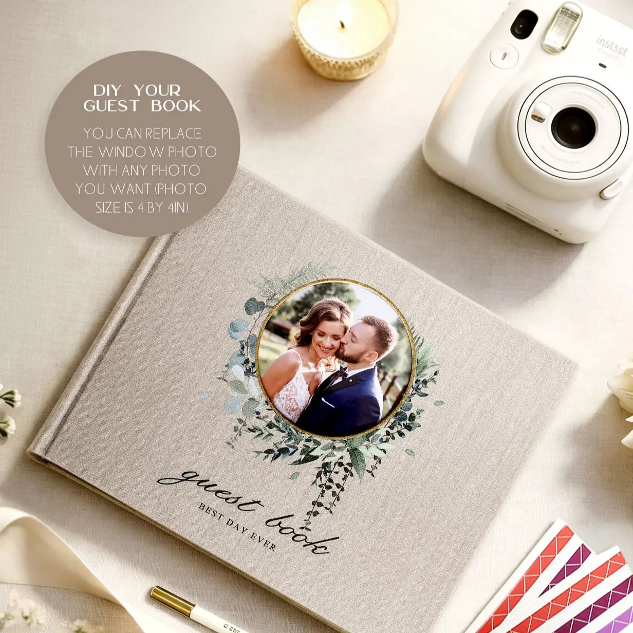 Molekaus linen wedding guest book featuring a built-in cover window for displaying polaroid photos.