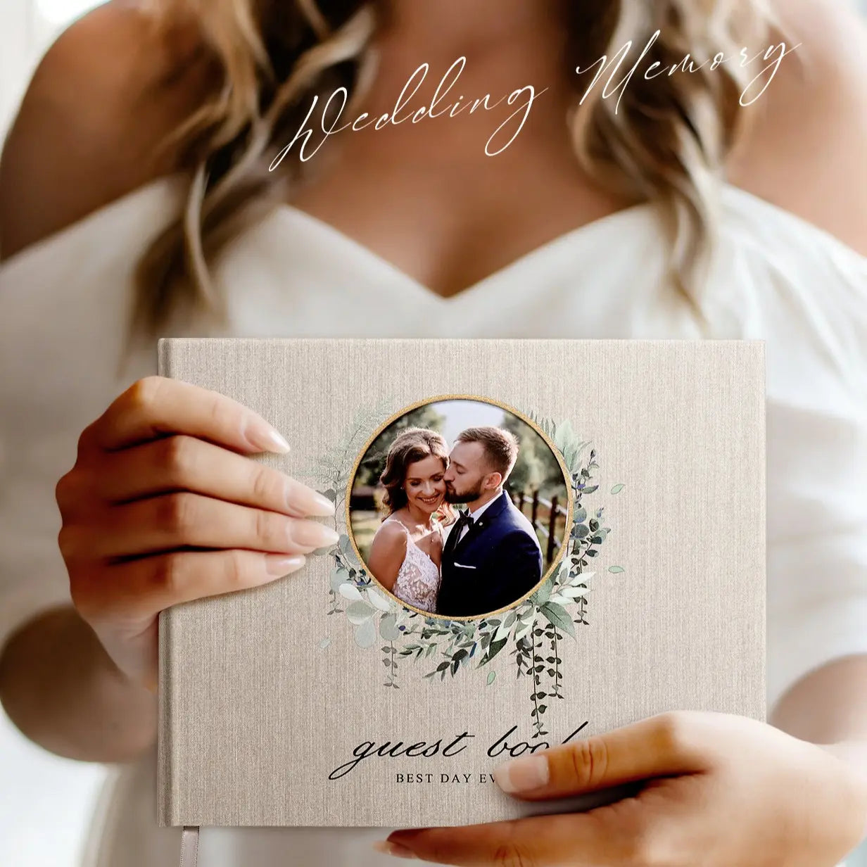 Molekaus premium beige linen wedding guest book featuring a customizable photo cover, the perfect sign-in memory book for a classic or rustic wedding reception.