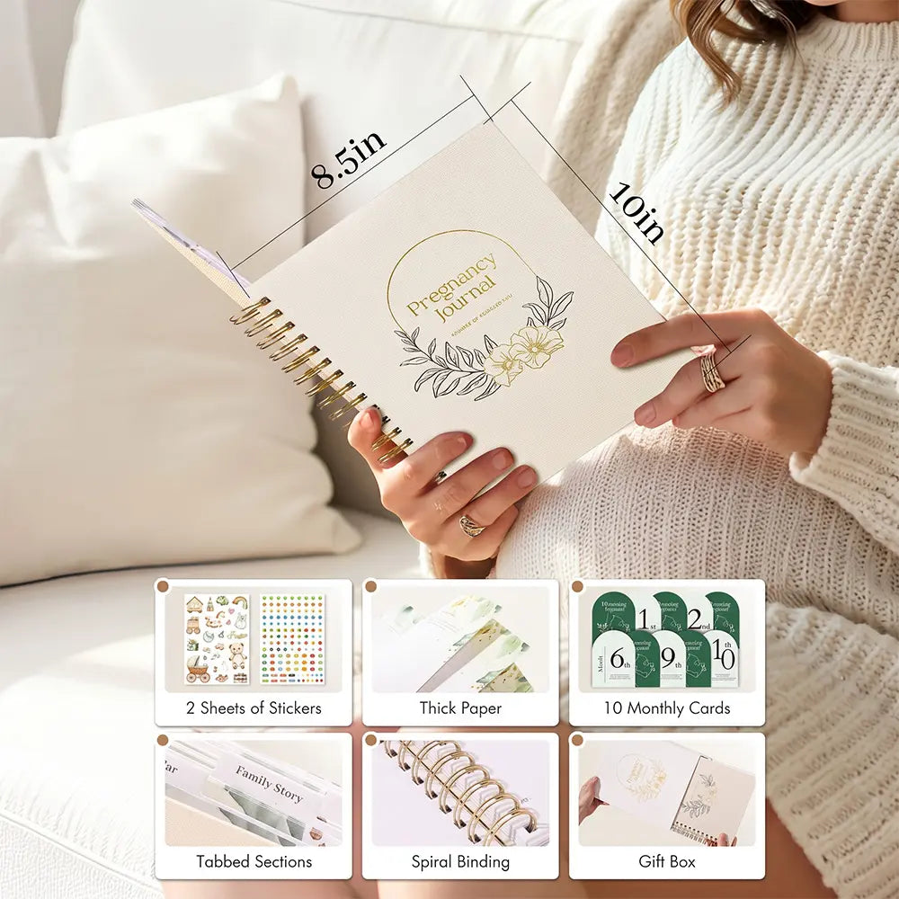 Molekaus pregnancy journal featuring dedicated baby shower planning and gift tracker pages in a portable 8.5x6.9 size.