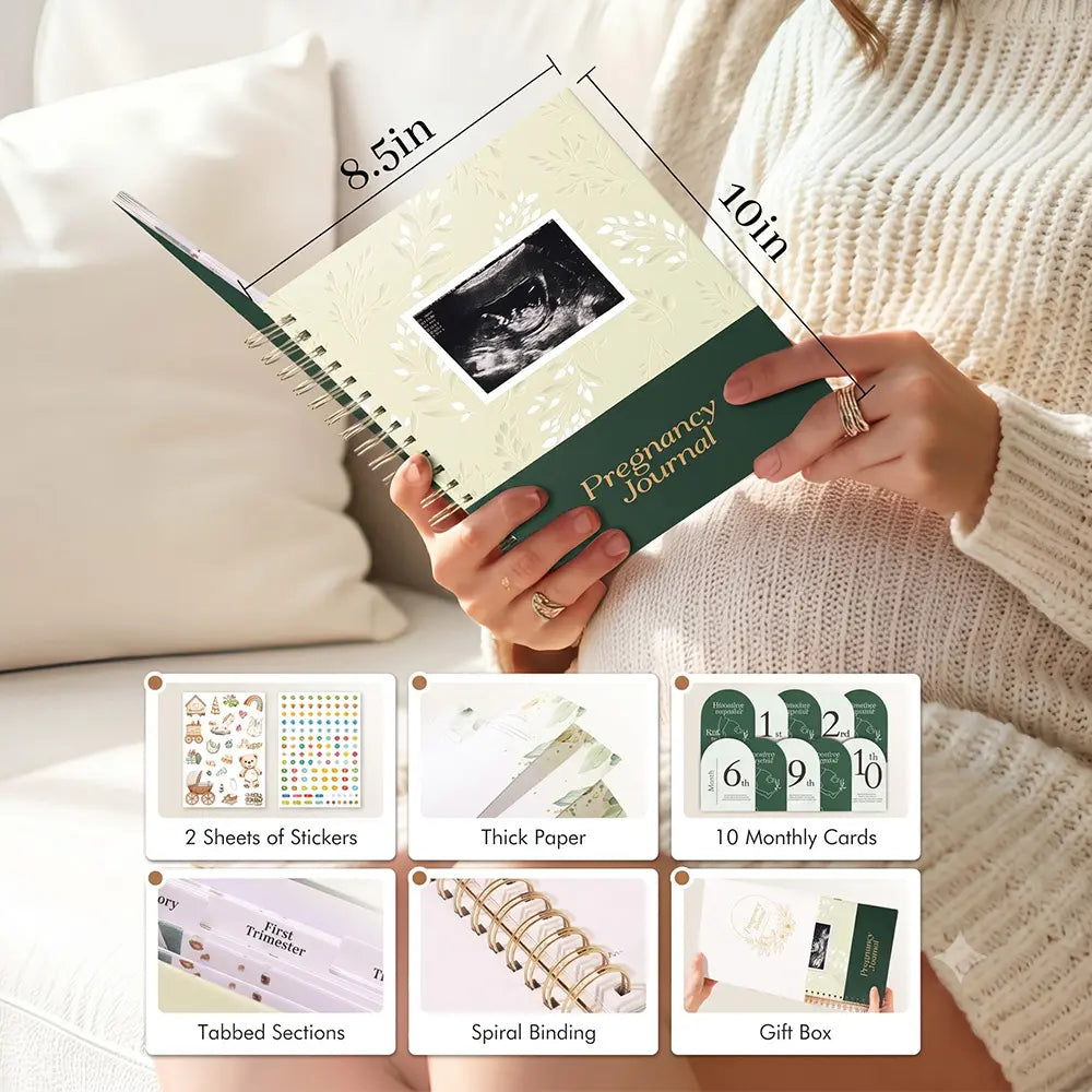 Molekaus minimalist leather pregnancy journal layout displayed with MOM blocks and a baby pacifier.