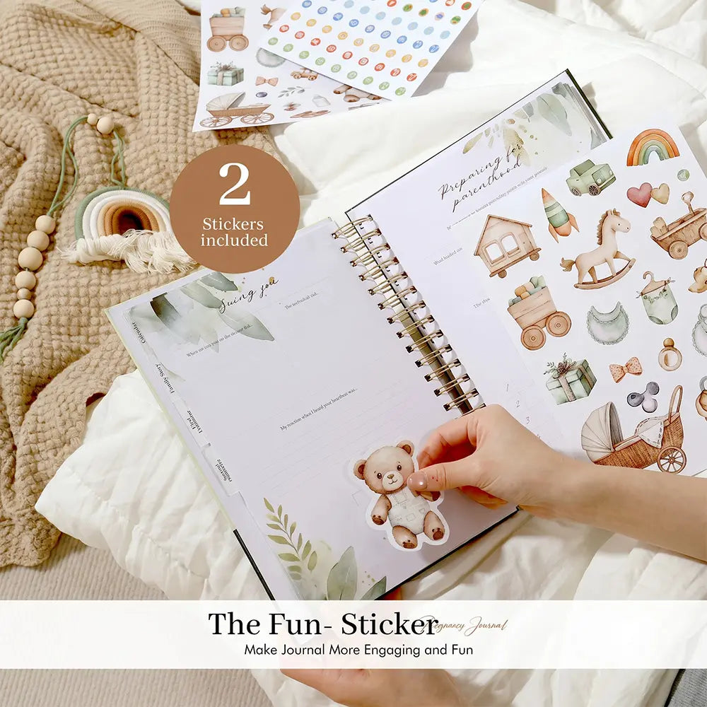 Molekaus pregnancy journal with integrated storage pocket for organizing ultrasound photos and keepsakes.