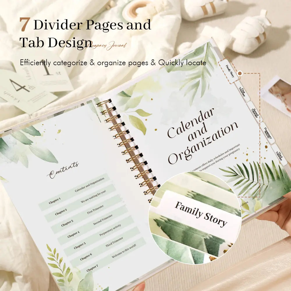 Molekaus pregnancy journal with organized tabbed dividers for easy navigation through trimesters and birth milestones.