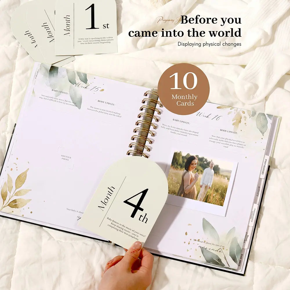 Molekaus pregnancy journal third-trimester spread with guided tracking prompts and bump photo space.
