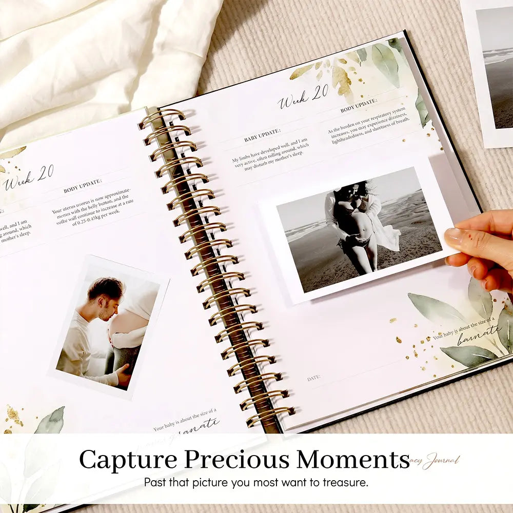 Molekaus pregnancy journal page with space to securely attach a 4x4 ultrasound photo.