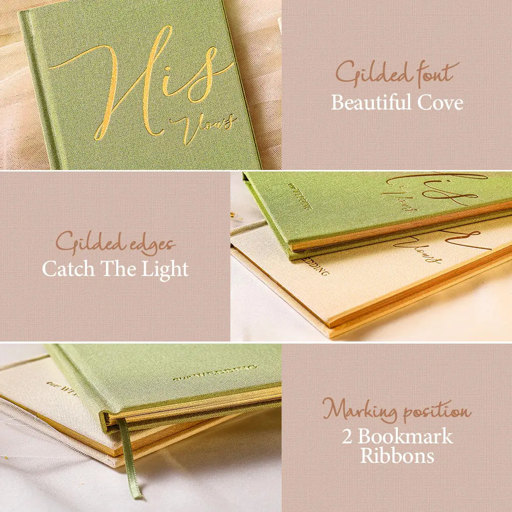 A close-up view of the open Molekaus premium linen vow book, highlighting its functional lay-flat binding, an elegant ribbon marker, and thick smudge-proof pages designed for a flawless wedding day writing experience.
