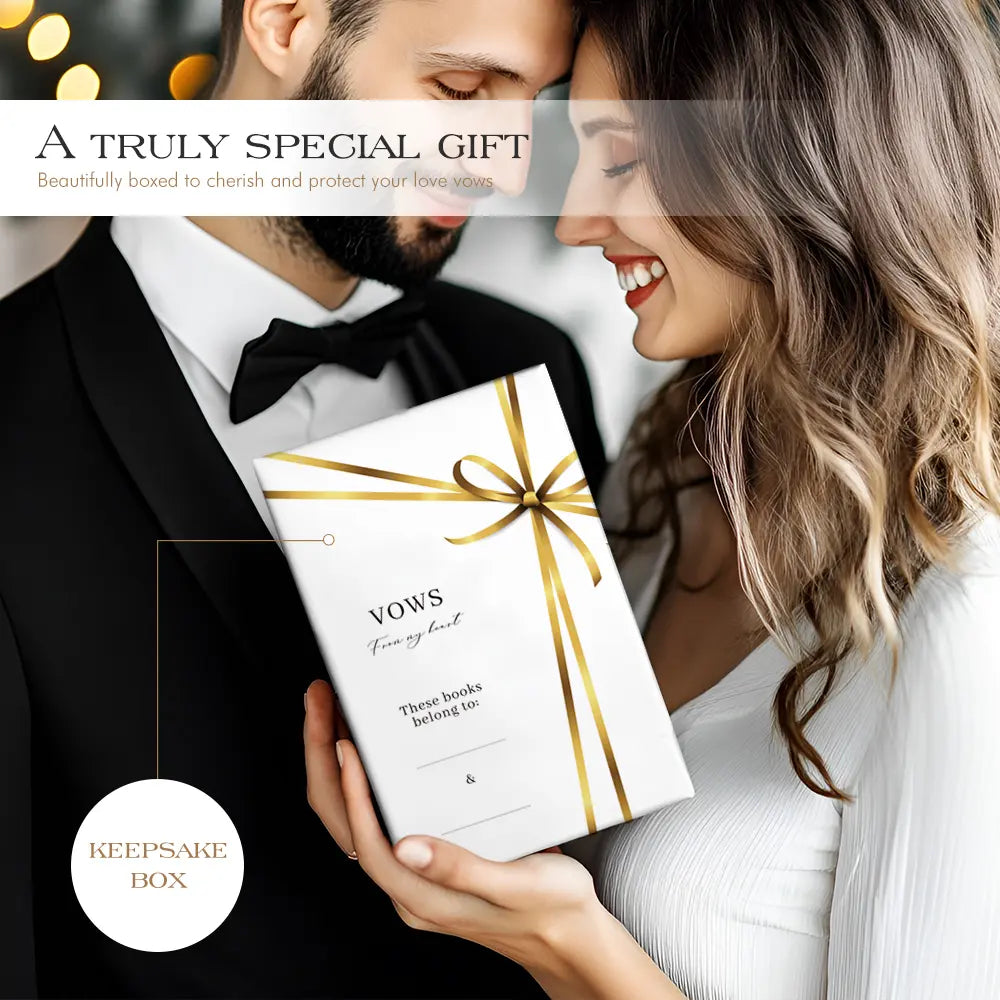 A close-up of a smiling bride and groom holding the elegant Molekaus white vow books keepsake box, featuring a gold ribbon aesthetic designed to beautifully cherish and protect their love promises.