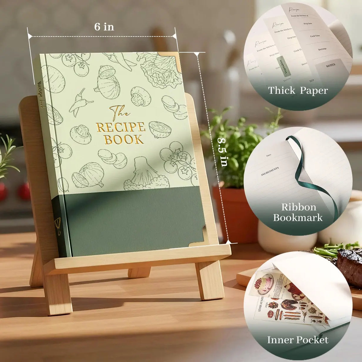 Detailed dimension specifications of the Molekaus faux leather recipe journal, highlighting its practical size and premium construction tailored for everyday kitchen use.