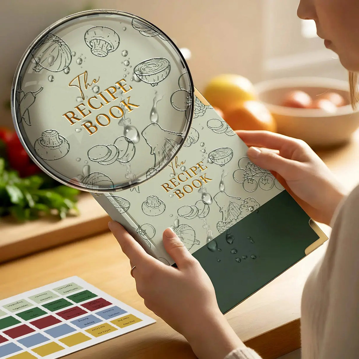 Molekaus sage green faux leather recipe journal complete accessory bundle, showcasing functional design details for an elevated culinary gift.