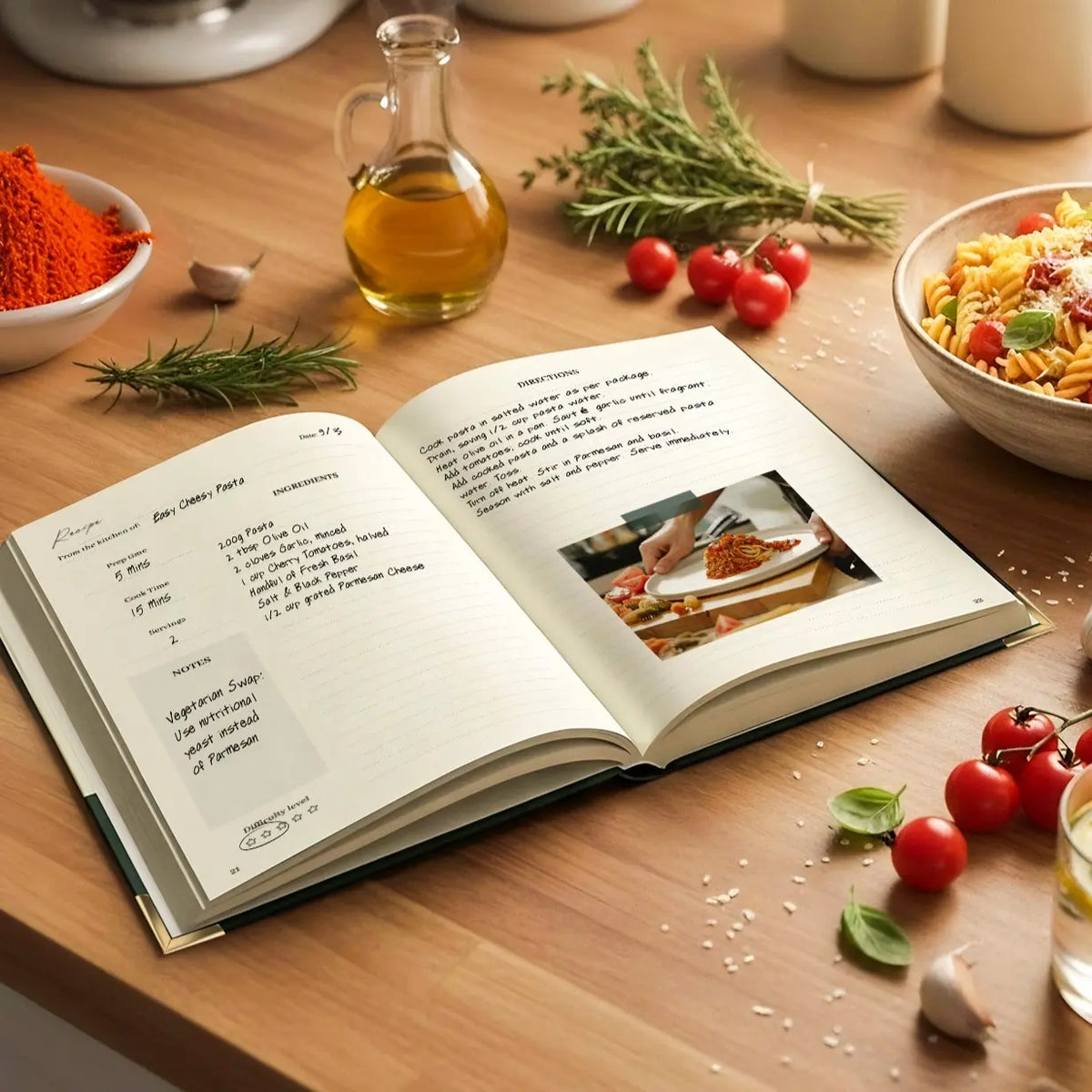 Aesthetic kitchen countertop scene featuring the Molekaus sage green recipe journal in active use, surrounded by fresh ingredients for daily culinary inspiration.