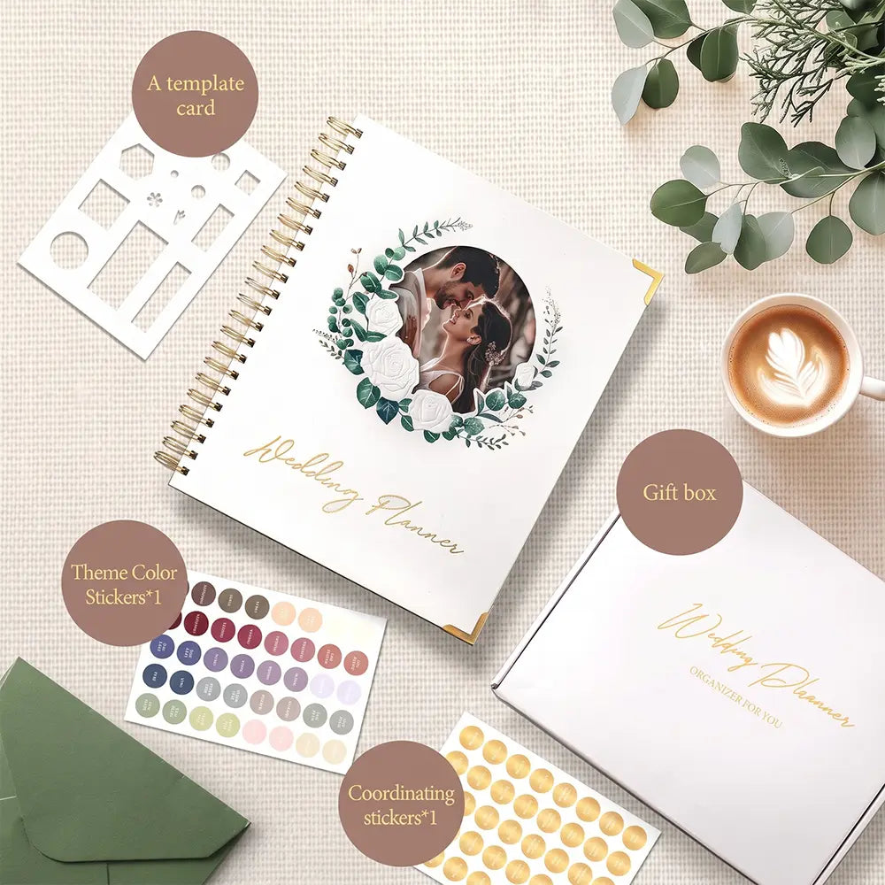 A beautifully arranged flat lay displaying what is included in the Molekaus personalized wedding planner set, featuring the main book, a premium keepsake gift box, and matching accessory stickers.