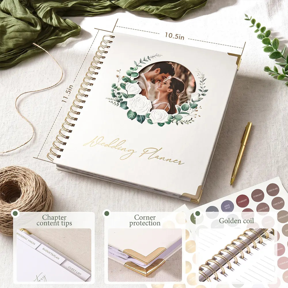 An open view of the Molekaus personalized wedding planner, showcasing its highly functional interior design featuring structured guided pages, a built-in keepsake pocket, and an elegant ribbon bookmark.