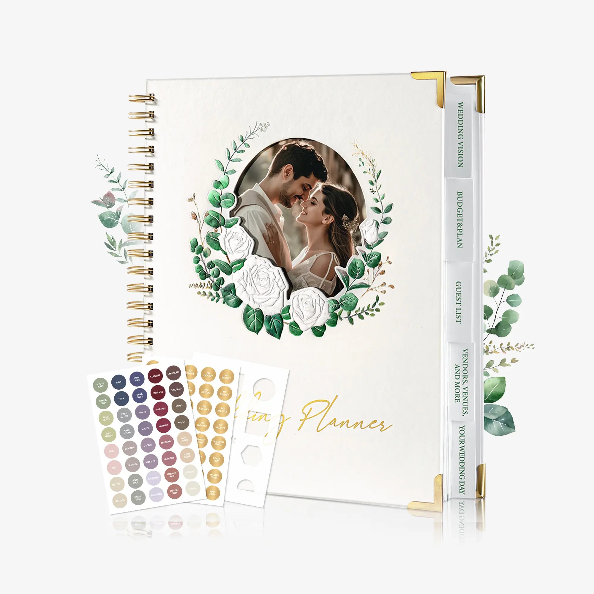 Close-up of the Molekaus spiral-bound wedding planner interior, showing organized section tabs for inspiration, guests, budget, and vendors.