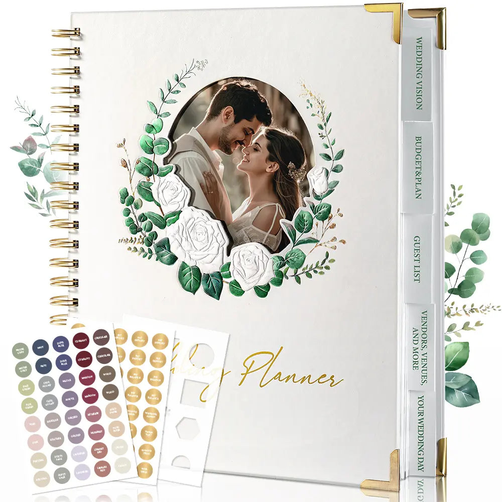 Close-up of the Molekaus spiral-bound wedding planner interior, showing organized section tabs for inspiration, guests, budget, and vendors.