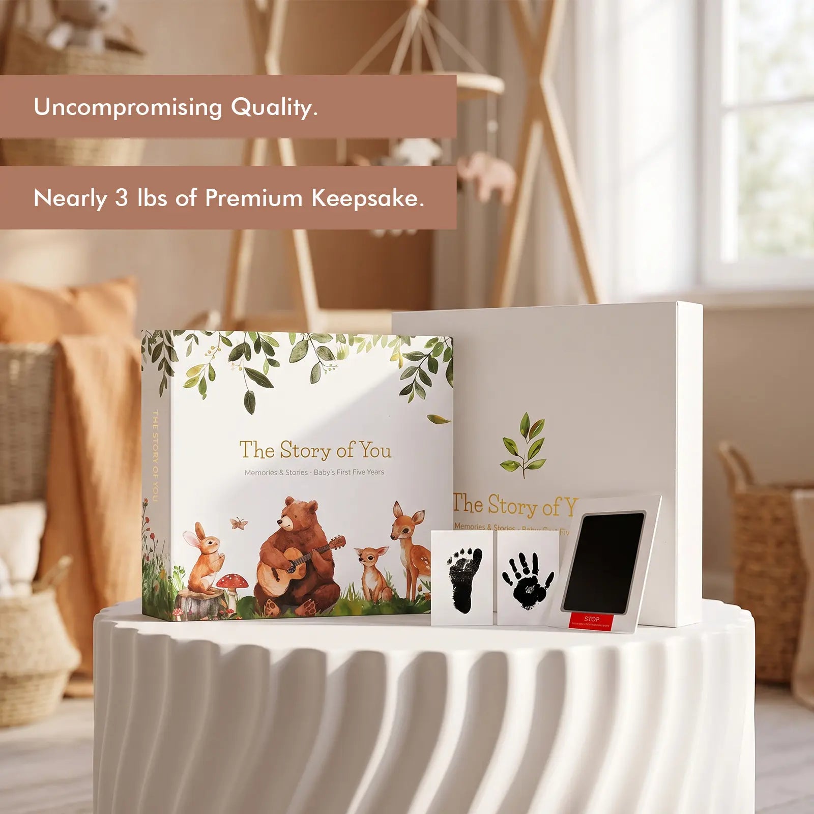 Molekaus 5-year baby memory book and protective keepsake box, featuring a premium neutral cover for documenting early childhood milestones.