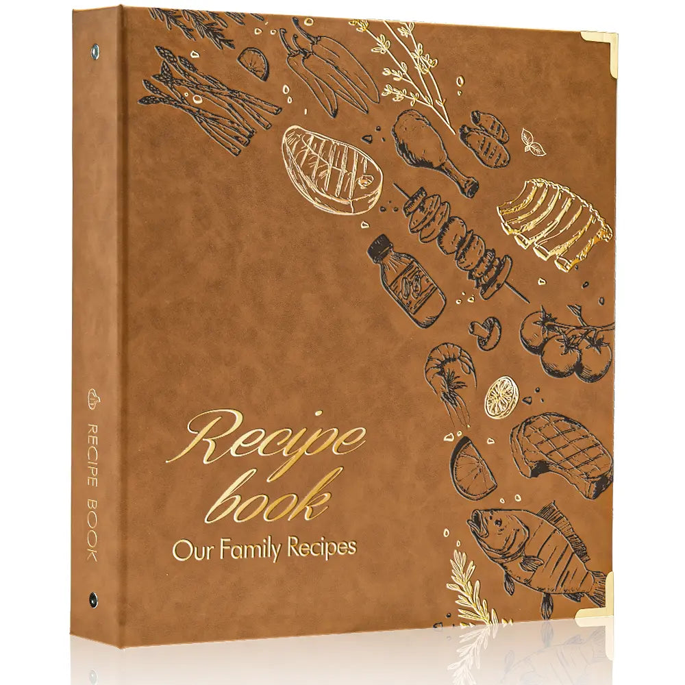 Flat lay view of the Molekaus premium brown leather recipe binder kit. The luxury organizer features gold-edged corners, spill-proof plastic sleeves, blank recipe cards, tabbed dividers, and a sophisticated matching gift box.