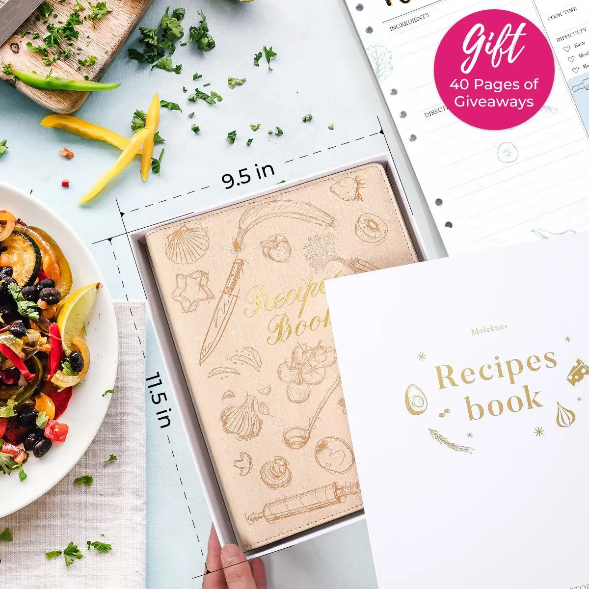 Unboxing the Molekaus large capacity recipe binder gift set, displaying its precise 9.5 by 11.5 inch dimensions and a 40-page bonus insert, presented as an elegant present for culinary enthusiasts.