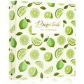 Flat lay view of the Molekaus 8.5x11 inch waterproof lemon recipe binder set. The complete organizer kit shows spill-proof clear plastic sleeves, matching botanical recipe cards, tabbed dividers, and an elegant gift box.