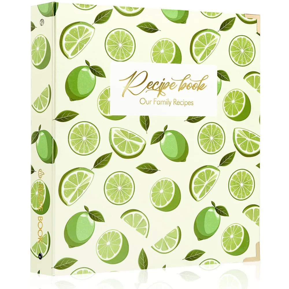 Flat lay view of the Molekaus 8.5x11 inch waterproof lemon recipe binder set. The complete organizer kit shows spill-proof clear plastic sleeves, matching botanical recipe cards, tabbed dividers, and an elegant gift box.
